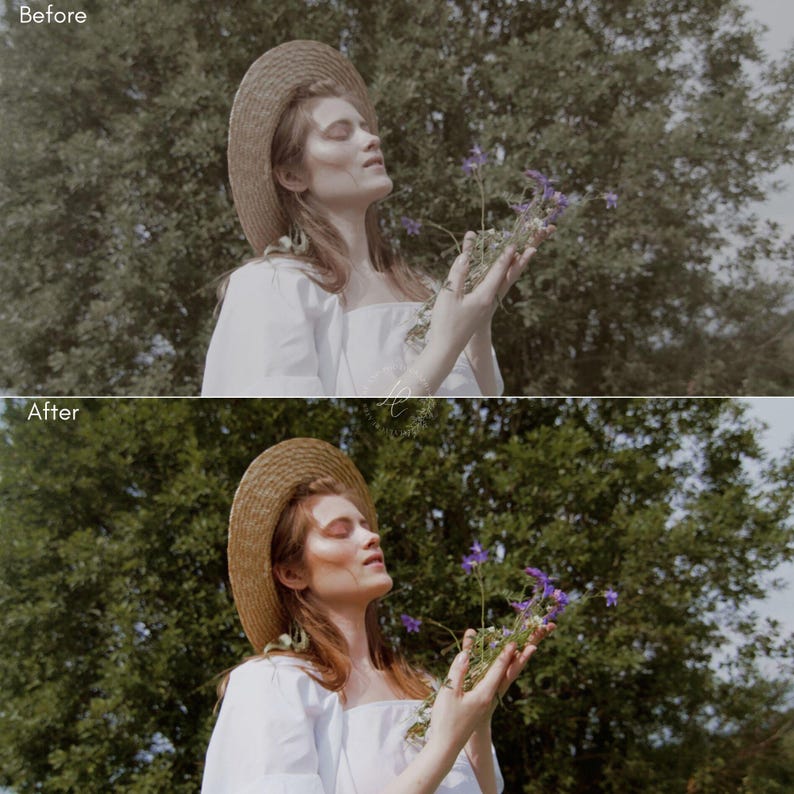 Puede incluir: Una persona con sombrero de paja y vestido blanco sostiene un ramo de flores moradas, con los ojos cerrados, en un entorno soleado al aire libre. La imagen tiene una est&eacute;tica suave y natural, con un fondo verde borroso de &aacute;rboles.