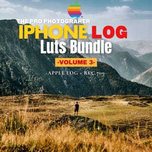 Puede incluir: Un anuncio de producto digital titulado THE PRO PHOTOGRAPHER IPHONE LOG LUTS BUNDLE -VOLUME 3- APPLE LOG + REC.709. La imagen muestra un paisaje con una persona de pie en un campo de hierba frente a montañas bajo un cielo azul con nubes.
