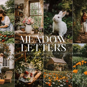 Puede incluir: Un collage de imágenes con una estética rústica y vintage. Las escenas incluyen a una mujer recogiendo fresas, un conejo blanco, una cabaña y una mujer caminando con un niño. El texto dice "MEADOW LETTERS" y "PROFESSIONAL LIGHTROOM PRESETS FOR PHOTOGRAPHER".