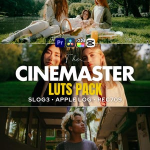 以下が含まれることがあります： 動画編集ツールを宣伝する画像。ピクニックのシーン、女性2人のクローズアップ、女性が歩いている様子が写っています。テキストは「The CINEMASTER LUTS PACK」と表示され、その下に「SLOG3 • APPLE LOG • REC709」と表示されています。一番下のテキストは「Elevate your videos with professional touch and cinematic filters.」と表示されています。