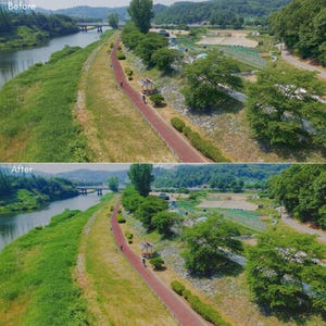 May include: Aerial view of a river and a red walking path. Lush green grass and trees line the riverbank. A bridge spans the river in the distance. The image is split, showing a "Before" and "After" comparison.