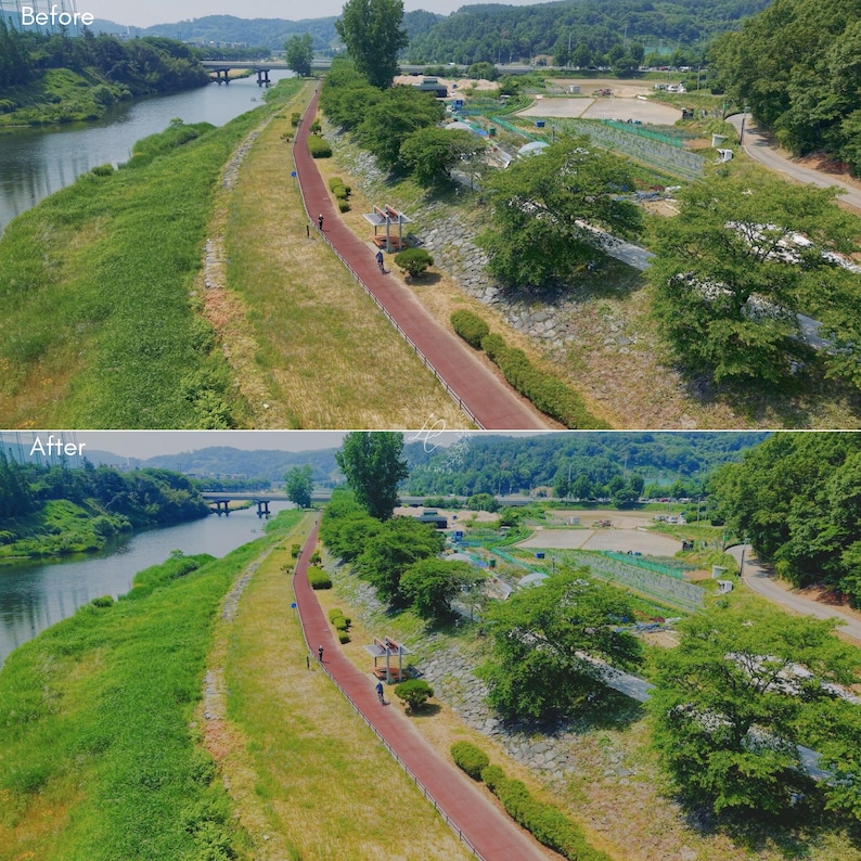 May include: Aerial view of a river and a red walking path. Lush green grass and trees line the riverbank. A bridge spans the river in the distance. The image is split, showing a "Before" and "After" comparison.