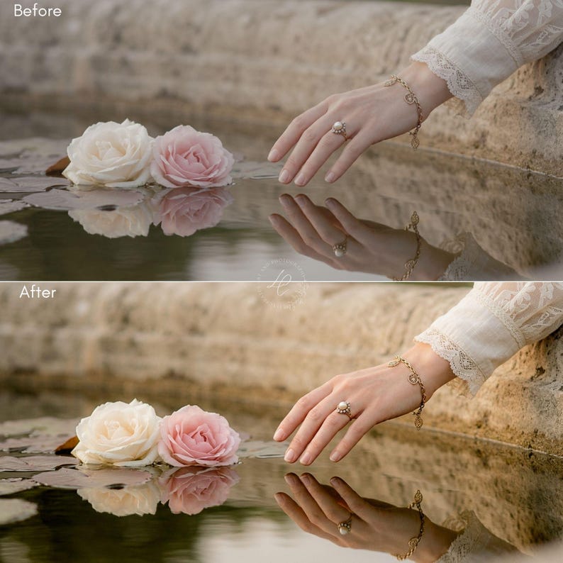 Puede incluir: Una mano con anillo y pulsera toca suavemente la superficie del agua. Dos rosas, una crema y otra rosa, flotan cerca. La imagen tiene una est&eacute;tica suave y rom&aacute;ntica.