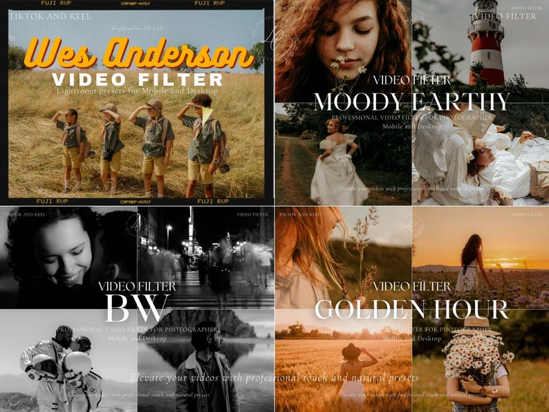 May include: A collection of video filters with various themes, including "Wes Anderson," "Moody Earthy," "BW," and "Golden Hour." Each filter is designed for mobile and desktop use, with a professional touch.