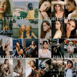 May include: A collage of images featuring various photography styles, including portraits and urban scenes. Text overlays read "VIDEO FILTER FUJIFILM", "PORTRAIT PRO", "EDITORIAL", and "URBAN CITY", suggesting photo editing presets for professional photographers.