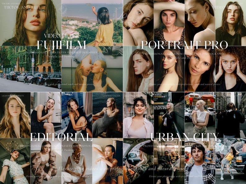 May include: A collage of images featuring various photography styles, including portraits and urban scenes. Text overlays read "VIDEO FILTER FUJIFILM", "PORTRAIT PRO", "EDITORIAL", and "URBAN CITY", suggesting photo editing presets for professional photographers.