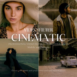 May include: A promotional image showcasing a video filter product. The image is divided into four sections, each featuring a different scene with a cinematic aesthetic. Text overlay reads "VIDEO FILTER CINEMATIC" and "PROFESSIONAL VIDEO FILTER FOR PHOTOGRAPHER Mobile and Desktop".