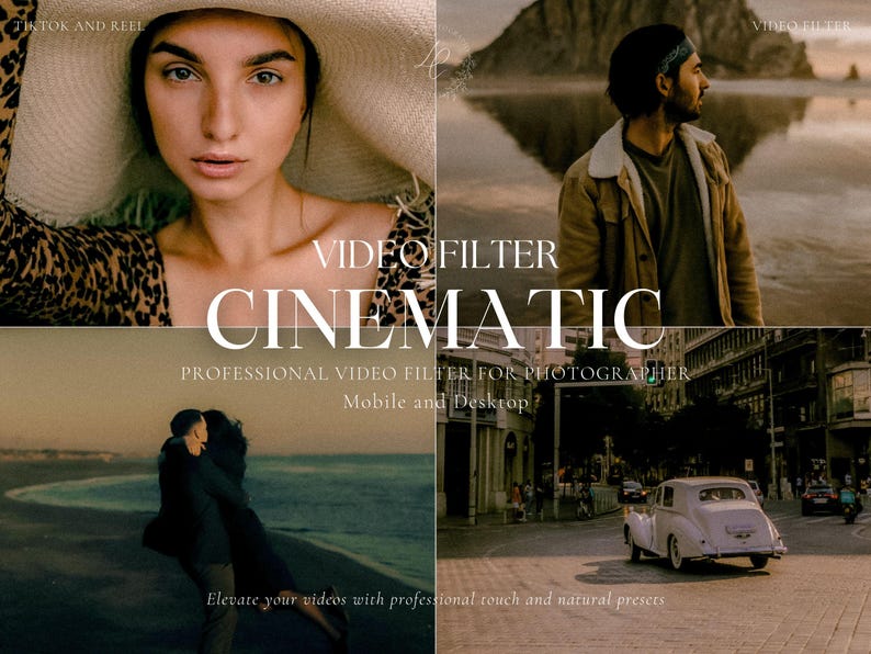May include: A promotional image showcasing a video filter product. The image is divided into four sections, each featuring a different scene with a cinematic aesthetic. Text overlay reads "VIDEO FILTER CINEMATIC" and "PROFESSIONAL VIDEO FILTER FOR PHOTOGRAPHER Mobile and Desktop".