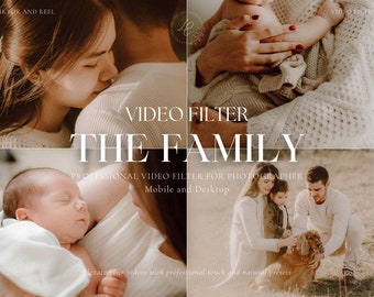 Peut inclure: Une fiche produit numérique présentant quatre photographies aux tons chauds de familles et de nourrissons. Le texte indique : TIK TOK AND REEL VIDEO FILTER THE FAMILY PROFESSIONAL VIDEO FILTER FOR PHOTOGRAPHER Mobile and Desktop Elevate your videos with professional touch and natural presets.