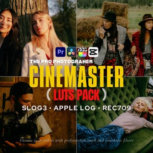 Pode incluir: Imagem promocional para software de edição de vídeo, com modelos e texto. O gráfico central diz "CINEMASTER LUTS PACK" em amarelo e vermelho. O texto adicional inclui "SLOG3 • APPLE LOG • REC709" e "Elevate your videos with professional touch and cinematic filters."