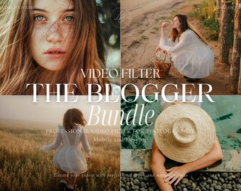 Puede incluir: Un collage de imágenes con una mujer con un vestido blanco en diferentes entornos al aire libre. El texto "VIDEO FILTER THE BLOGGER Bundle PROFESSIONAL VIDEO FILTER FOR PHOTOGRAPHER Mobile and Desktop Elevate your videos with professional touch and natural presets" se muestra en la imagen.