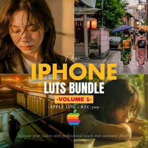 Pode incluir: Um gráfico digital com o texto THE IPHONE LUTS BUNDLE -VOLUME 1- APPLE LOG + REC.709 e um ícone de maçã colorido. A imagem exibe quatro cenas fotográficas distintas mostrando retratos e vistas de ruas com uma variada gradação de cor.