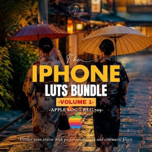 Pode incluir: Duas pessoas com quimonos estampados caminham por uma rua de pedra à noite, cada uma segurando um guarda-chuva tradicional. O texto diz: THE IPHONE LUTS BUNDLE -VOLUME 1- APPLE LOG + REC.709. Um logótipo de maçã colorido está centrado abaixo do texto.