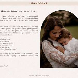 May include: A professional Lightroom preset pack designed for photographers and creators. The image shows a woman and child embracing. The text reads "Signature Lightroom Preset Pack - by LylyCreates" and lists photography types.