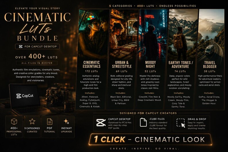 Puede incluir: Gr&aacute;fico oscuro que promociona un paquete de LUTs cinematogr&aacute;ficos para CapCut. Presenta im&aacute;genes con diferentes gradaciones de color, incluyendo Cinematic Essentials, Urban & Streetstyle y Moody Night. El paquete incluye m&aacute;s de 400 LUTs.