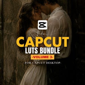 Pode incluir: Imagem promocional do CapCut LUTS Bundle, Volume 3, para desktop. A imagem apresenta um casal abraçado na chuva, com o título do produto em letras amarelas grandes. O texto também inclui "Eleve seus vídeos com um toque profissional e filtros cinematográficos."