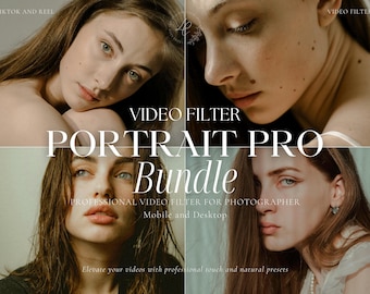 May include: A digital product bundle for video filters called "Portrait Pro Bundle" with the tagline "Professional Video Filter for Photographer, Mobile and Desktop". The image shows four close-up photos of women's faces with different lighting and skin tones.