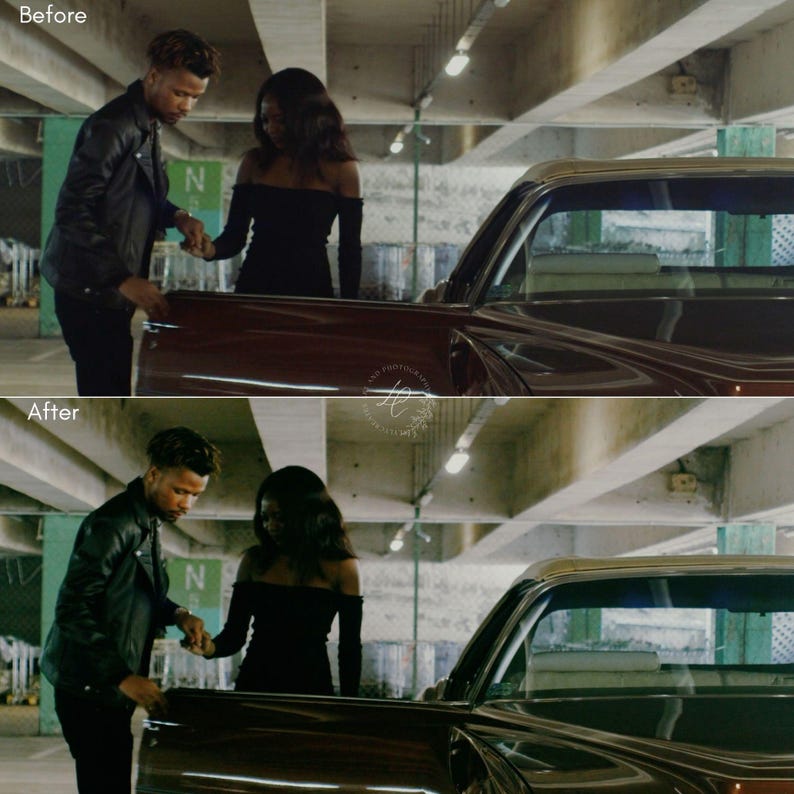 Puede incluir: Imagen de antes y despu&eacute;s de una pareja junto a un coche granate cl&aacute;sico. La mujer lleva un vestido negro con los hombros descubiertos. El hombre lleva una chaqueta de cuero negra. El fondo es un aparcamiento.