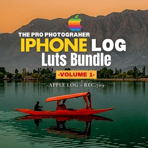 Pode incluir: Um anúncio de produto digital intitulado THE PRO PHOTOGRAHER IPHONE LOG Luts Bundle -VOLUME 1- APPLE LOG + REC.709. A imagem apresenta um barco laranja brilhante num lago calmo com montanhas ao fundo sob um céu de pôr do sol.