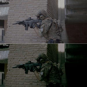 May include: A soldier in camouflage uniform aims a black rifle. The soldier is positioned between brick walls, with a helmet and tactical gear. The image has a before and after effect, showing a color adjustment.