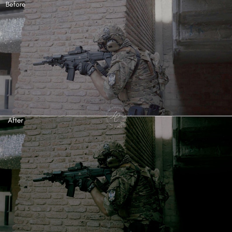 May include: A soldier in camouflage uniform aims a black rifle. The soldier is positioned between brick walls, with a helmet and tactical gear. The image has a before and after effect, showing a color adjustment.