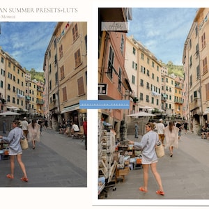 May include: A street scene in a European town with colorful buildings and people walking. The image is split, showing a "Before" and "After" effect, with text at the top that reads "EUROPEAN SUMMER PRESETS+LUTS Desktop and Mobile."