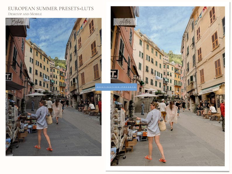 May include: A street scene in a European town with colorful buildings and people walking. The image is split, showing a "Before" and "After" effect, with text at the top that reads "EUROPEAN SUMMER PRESETS+LUTS Desktop and Mobile."