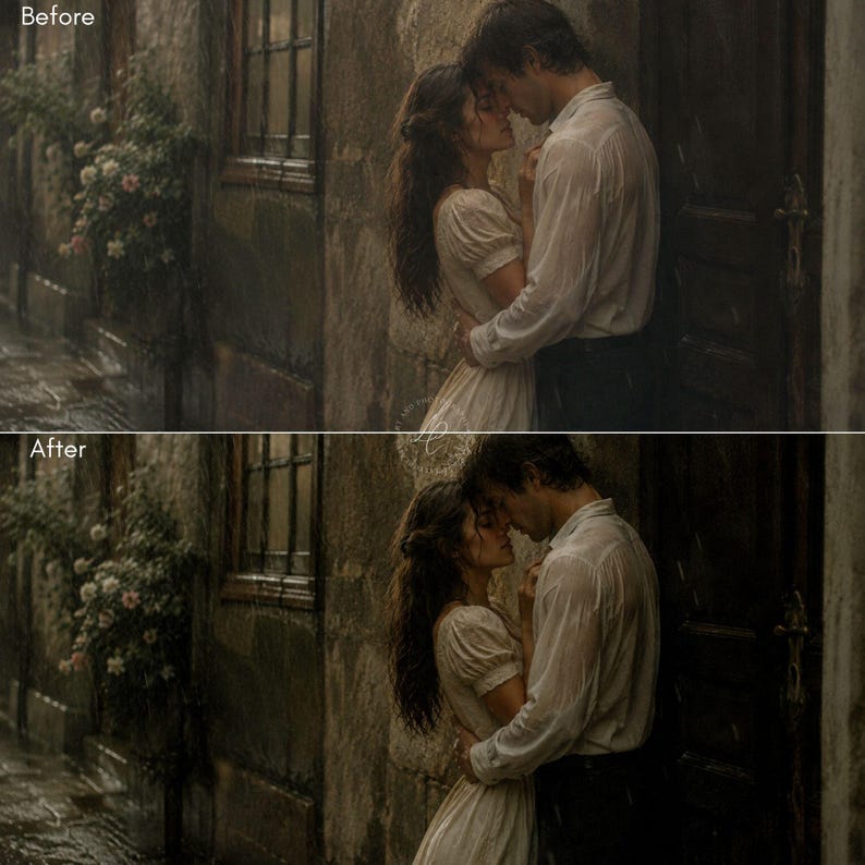 Puede incluir: Escena rom&aacute;ntica de una pareja abraz&aacute;ndose bajo la lluvia. La mujer lleva un vestido blanco y el hombre una camisa blanca. Est&aacute;n en un callej&oacute;n de piedra con un edificio y una ventana. La imagen tiene un estilo vintage.