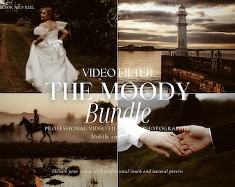 May include: A promotional image for a video filter bundle. The image is divided into four sections, showcasing a bride in a white dress, a lighthouse at sunset, a person riding a horse, and a couple holding hands. Text includes "VIDEO FILTER", "THE MOODY Bundle".