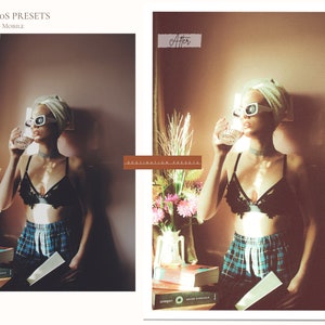 Puede incluir: Una mujer con un sujetador negro con detalles de encaje, una diadema blanca y gafas de sol, sosteniendo un vaso de agua. Est&aacute; de pie frente a una pared con un arreglo floral y una pila de libros. La imagen tiene un filtro vintage, retro aplicado.
