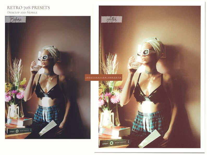 Puede incluir: Una mujer con un sujetador negro con detalles de encaje, una diadema blanca y gafas de sol, sosteniendo un vaso de agua. Est&aacute; de pie frente a una pared con un arreglo floral y una pila de libros. La imagen tiene un filtro vintage, retro aplicado.