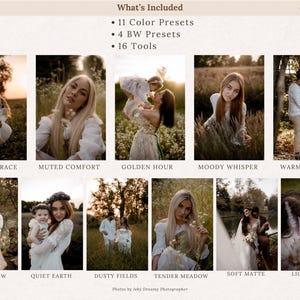 May include: A digital product display featuring 11 color presets, 4 black and white presets, and 16 tools. The image showcases a collection of photographs with various themes, including "Soft Embrace," "Muted Comfort," and "Golden Hour."