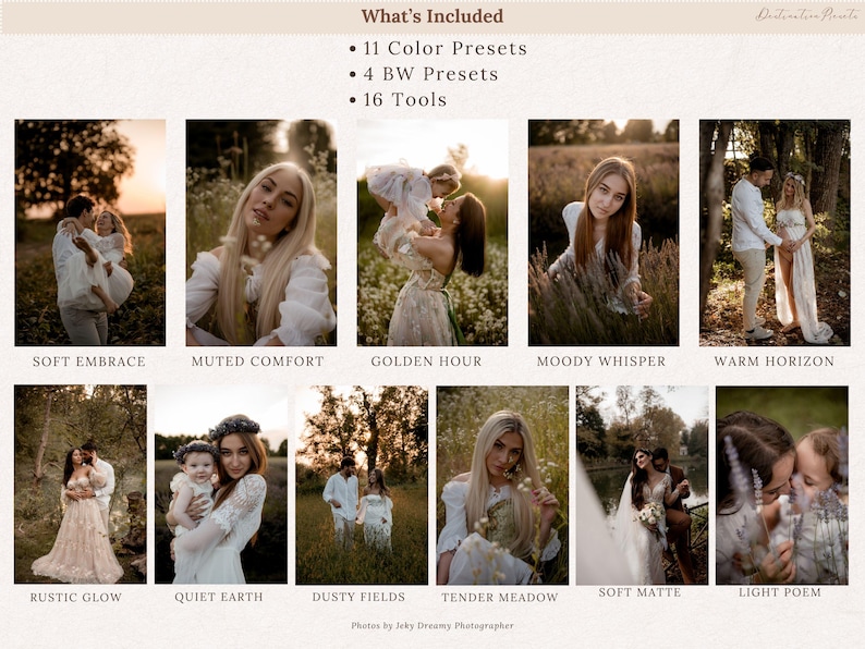 May include: A digital product display featuring 11 color presets, 4 black and white presets, and 16 tools. The image showcases a collection of photographs with various themes, including "Soft Embrace," "Muted Comfort," and "Golden Hour."
