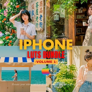 Może przedstawiać: Cyfrowa reklama produktu zatytułowana IPHONE LUTS BUNDLE -VOLUME 1- z kolorowym logo jabłka i czterema różnymi scenami fotograficznymi przedstawiającymi osoby w plenerze, w tym ulicę, sklep, nadmorskie stoisko oraz ogród.