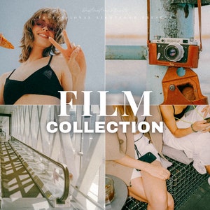 Puede incluir: Una colección de ajustes preestablecidos de película para Lightroom. Los ajustes preestablecidos están diseñados para dar a tus fotos un aspecto vintage de película. La imagen muestra a una mujer con un bikini, una cámara y una pasarela móvil.