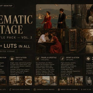 Puede incluir: Gr&aacute;fico promocional para un paquete vintage y de estilo de vida cinematogr&aacute;fico, con escenas rom&aacute;nticas y el texto "500+ LUTS IN ALL". El paquete incluye filtros para pel&iacute;culas vintage, comida diaria, viajes, deportes y est&eacute;tica monocrom&aacute;tica.