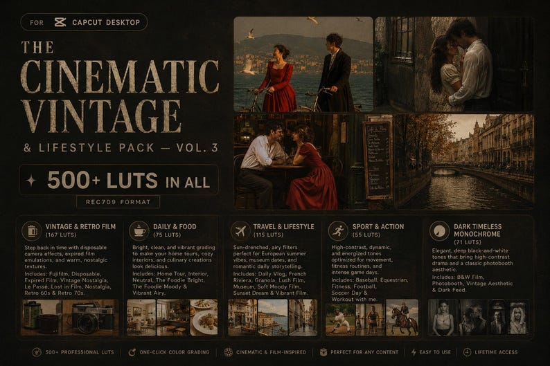 Puede incluir: Gr&aacute;fico promocional para un paquete vintage y de estilo de vida cinematogr&aacute;fico, con escenas rom&aacute;nticas y el texto "500+ LUTS IN ALL". El paquete incluye filtros para pel&iacute;culas vintage, comida diaria, viajes, deportes y est&eacute;tica monocrom&aacute;tica.