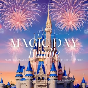 May include: A pink and blue castle with fireworks exploding in the sky. The text "The Magic Day Bundle" is superimposed on the image. The text "Professional Lightroom Preset for Photographer" is also visible.