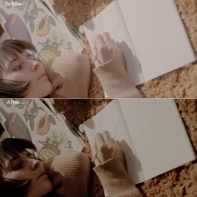May include: A person lying down with a sketchbook and pencil. The person is wearing a tan sweater and a knit cap. The sketchbook is open, and a drawing is in progress. The image is split, with "Before" and "After" text.