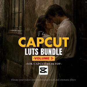Pode incluir: Imagem promocional do CapCut LUTS Bundle, Volume 3, para CapCut Desktop. A imagem apresenta um casal abraçado na chuva, com texto sobreposto em amarelo e branco. O texto inclui "CAPCUT LUTS BUNDLE" e "Elevate your videos with professional touch and cinematic filters."