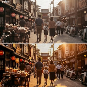 May include: A split-view image showing a busy Japanese street scene with traditional wooden buildings, hanging paper lanterns, and various shops. People walk along the stone-paved path, including a family of three walking hand-in-hand in the center.