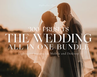 May include: A couple in wedding attire, standing under a veil, with the text "300+ PRESETS THE WEDDING ALL IN ONE BUNDLE Lightroom presets for Mobile and Desktop" superimposed on the image.