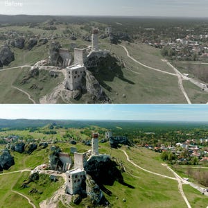 Puede incluir: Vista a&eacute;rea de una ruina de castillo medieval en una colina, con una comparaci&oacute;n de antes y despu&eacute;s. El castillo presenta torres y muros de piedra, rodeados de hierba verde y &aacute;rboles. El cielo es claro y azul en la imagen posterior.
