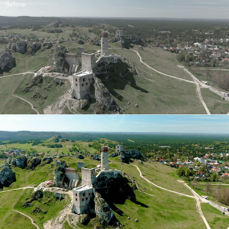 Puede incluir: Vista a&eacute;rea de una ruina de castillo medieval en una colina, con una comparaci&oacute;n de antes y despu&eacute;s. El castillo presenta torres y muros de piedra, rodeados de hierba verde y &aacute;rboles. El cielo es claro y azul en la imagen posterior.