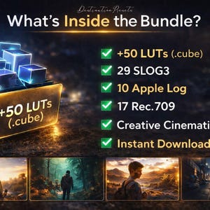 Puede incluir: Gr&aacute;fico de un paquete de productos digitales con el texto "What's Inside the Bundle?" y una lista de caracter&iacute;sticas, incluyendo +50 LUTs (.cube), 29 SLOG3 y Descarga Instant&aacute;nea. La imagen tiene una est&eacute;tica oscura y cinematogr&aacute;fica.