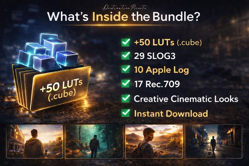 Puede incluir: Gr&aacute;fico de un paquete de productos digitales con el texto "What's Inside the Bundle?" y una lista de caracter&iacute;sticas, incluyendo +50 LUTs (.cube), 29 SLOG3 y Descarga Instant&aacute;nea. La imagen tiene una est&eacute;tica oscura y cinematogr&aacute;fica.