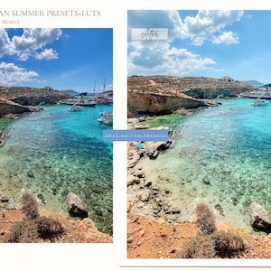 May include: A split image showcasing a European coastal scene with turquoise water, boats, and rocky cliffs under a blue sky. The text "European Summer Presets + LUTs" is at the top, with "Before" and "After" labels on each side.