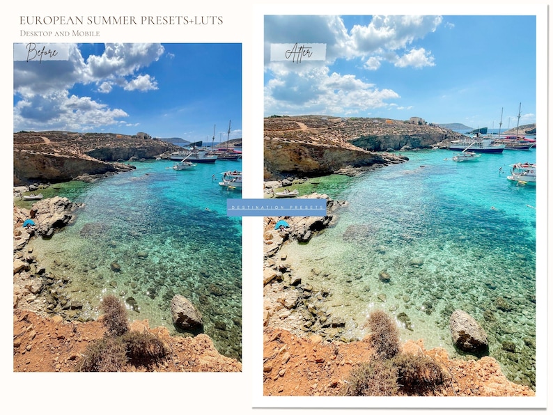 May include: A split image showcasing a European coastal scene with turquoise water, boats, and rocky cliffs under a blue sky. The text "European Summer Presets + LUTs" is at the top, with "Before" and "After" labels on each side.