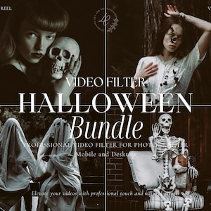 May include: A Halloween video filter bundle advertisement. The image features a woman holding a skull, a person with a tree branch on their face, and two people in ghost costumes. The text reads "Halloween Bundle" and "Video Filter."