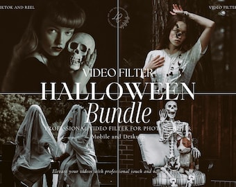May include: An advertisement for a Halloween video filter bundle. The image shows a woman with a skull, a person with a branch on their face, and two figures in ghost costumes. Text includes "Halloween Bundle" and "Video Filter."